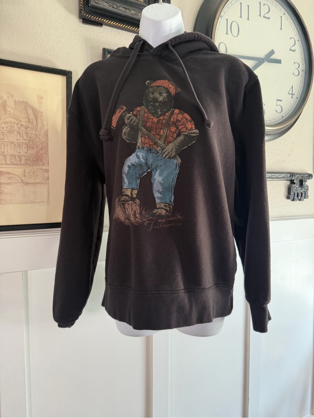 Lucky Brand Black Graphic Hoodie with Lumberjack Bear Print Sz L k503